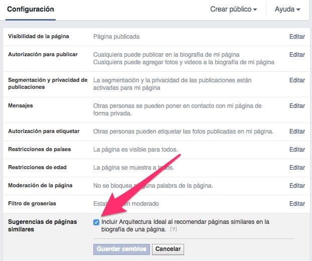 activar sugerencias de páginas de facebook
